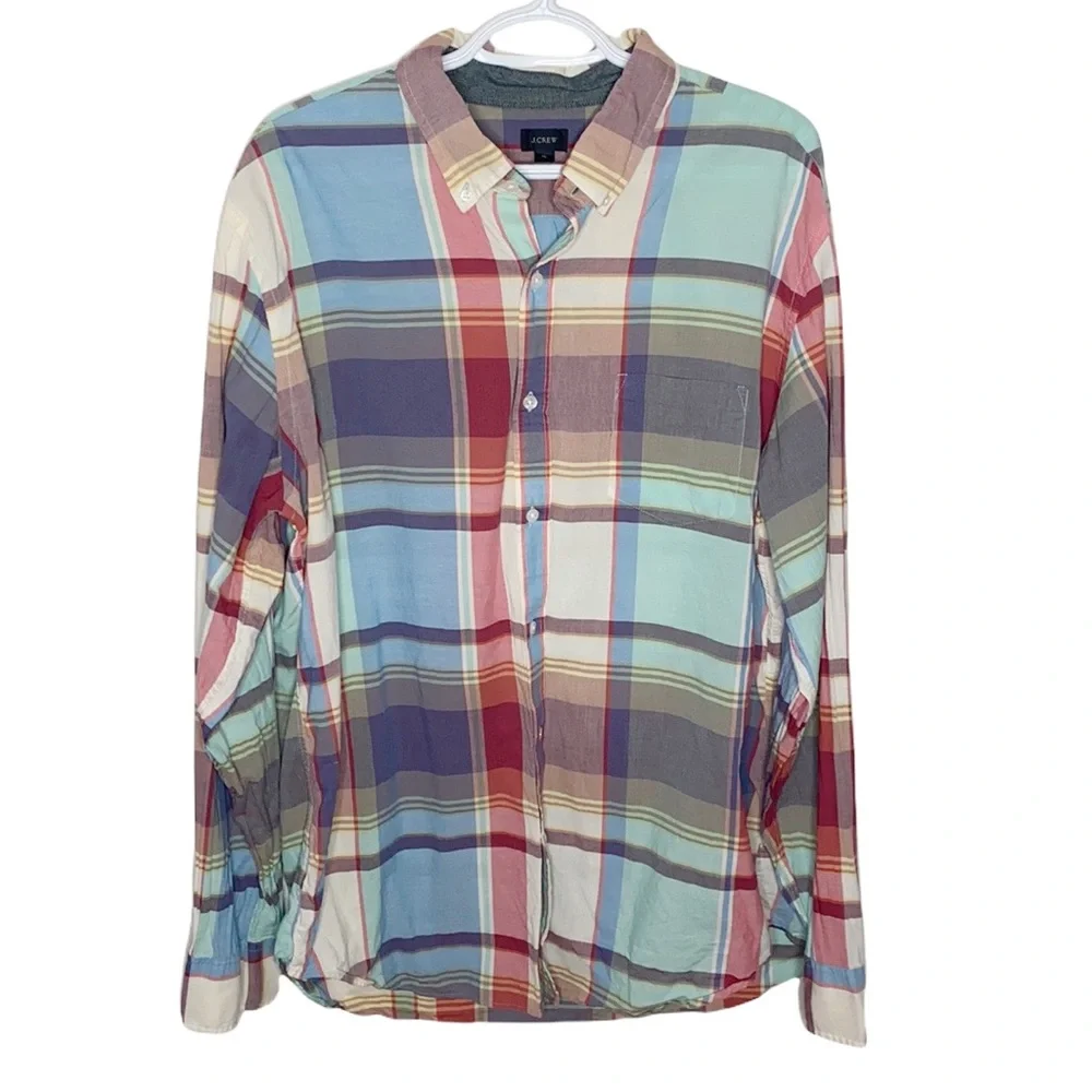 J Crew pastel plaid tartan cotton button up shirt size XL
